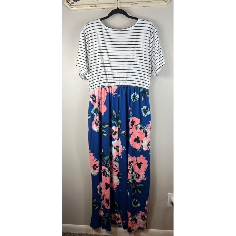 Allegrace Maxi Dress Striped Bodice Blue Pink Floral Skirt 2X - Picture 2 of 8